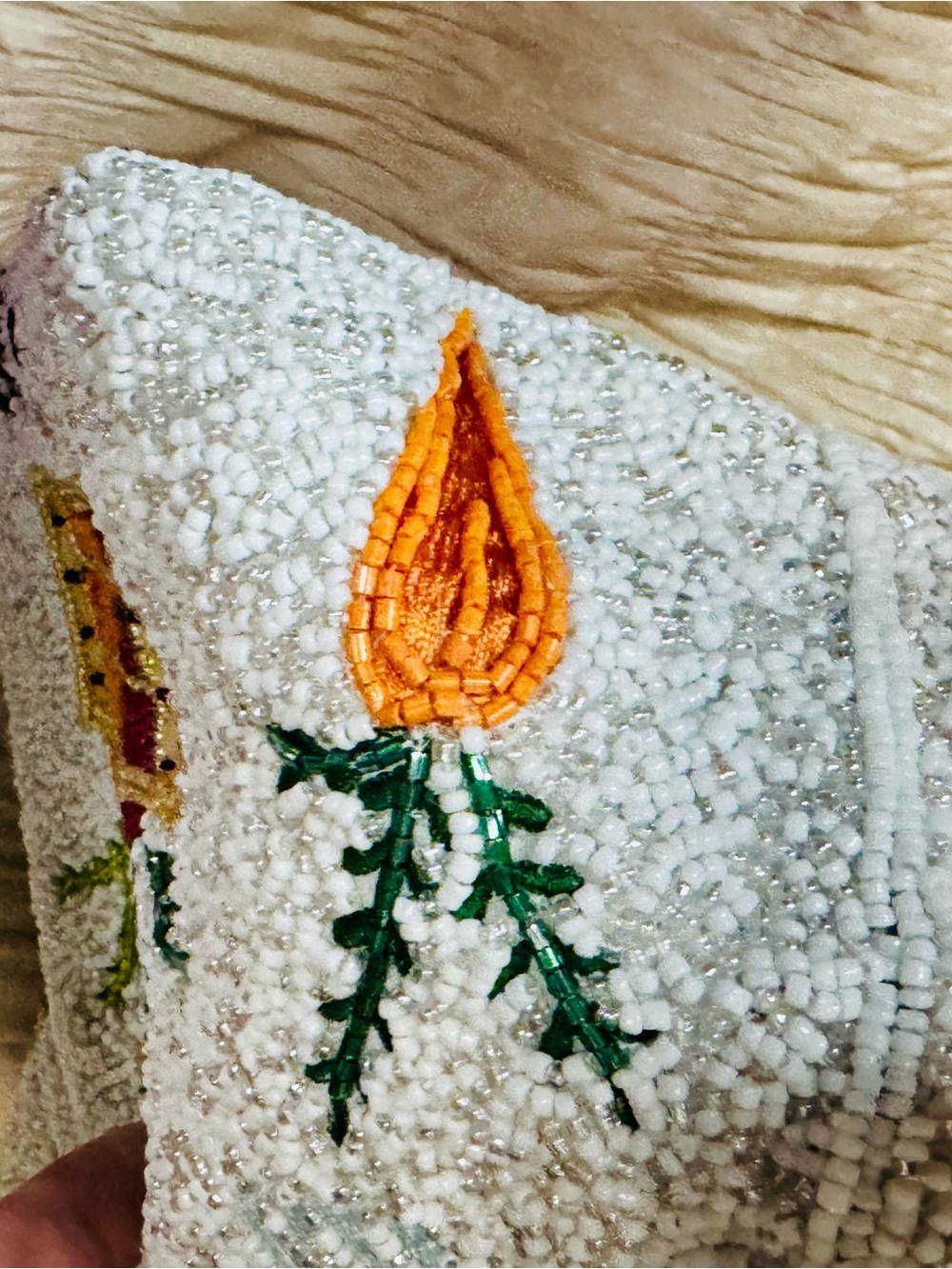 Beaded White Handbag with Colorful Vegetable Garden Embroidery - Picture 5 of 5